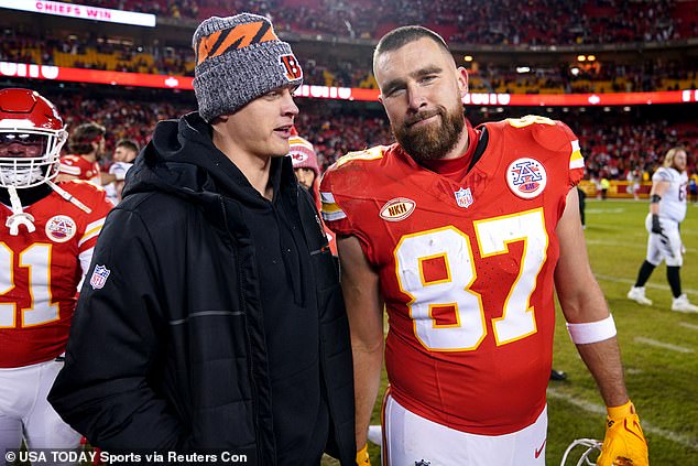 Kelce (right) greets injured Bengals QB Joe Burrow (left) after beating Cincinnati on Sunday