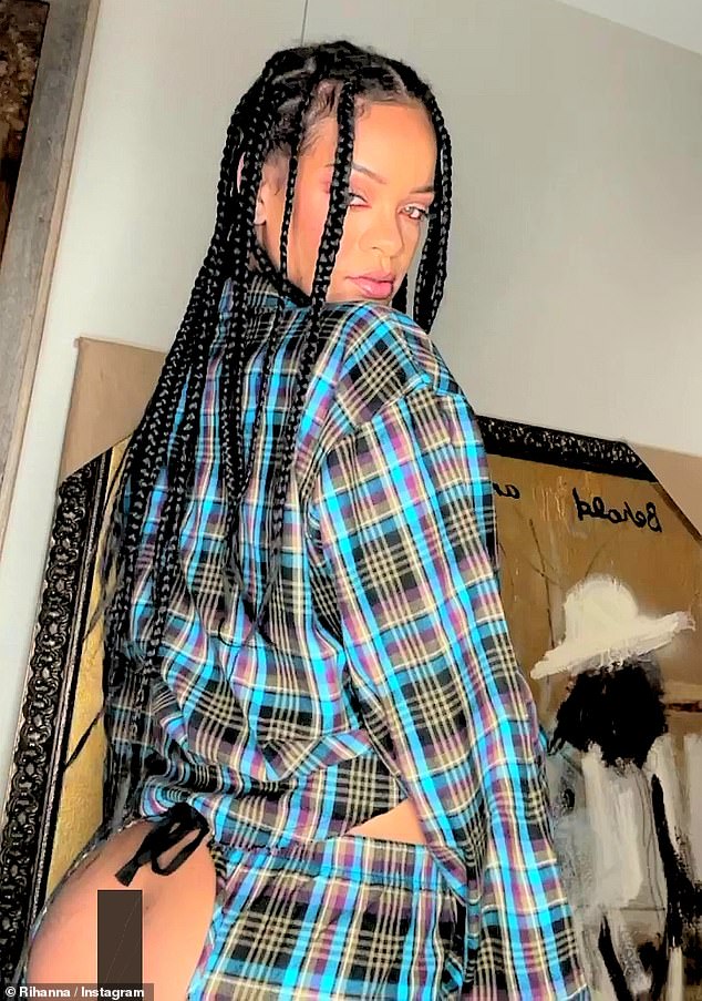 Confident: Rihanna was clearly feeling herself as she took to Instagram to share snaps of herself in a pair of racy, plaid pajama shorts with a cheeky cut-out on the rear