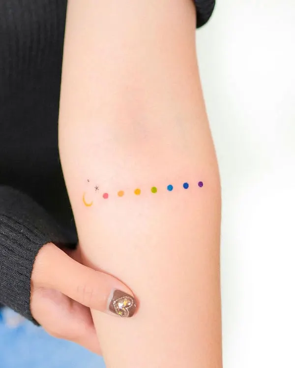 Moon and stars rainbow dot tattoo by @thedayafter_tat2