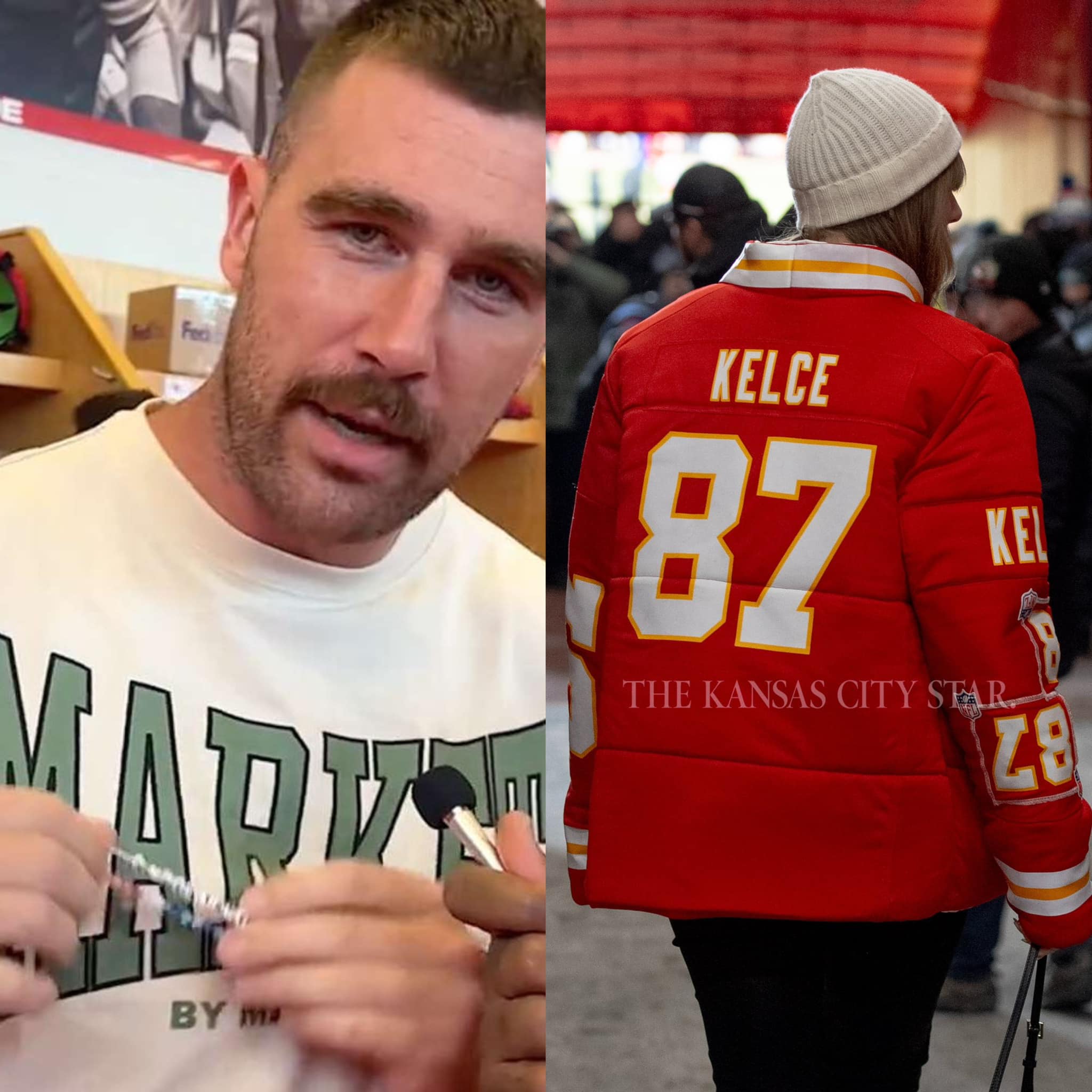 May be an image of 2 people, people playing football and text that says 'KELCE 87 ApиK THE KANSAS CITY TAR BY'