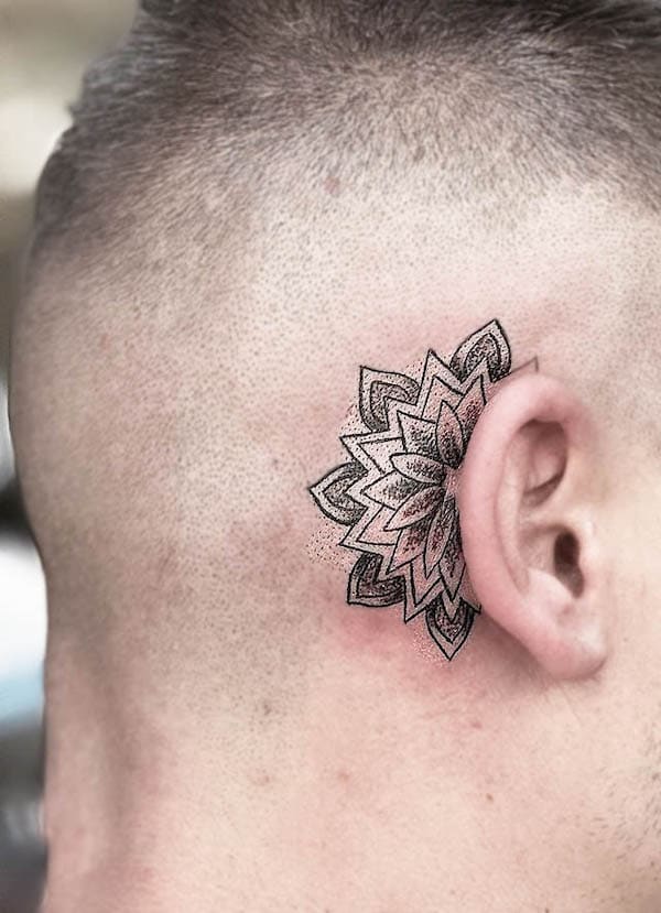 Behind-the-ear mandala tattoo for men by @boomink_tattooswallsnskin