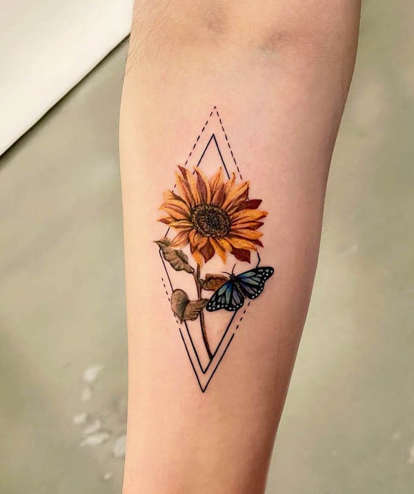 Geometric sunflower and moth tattoo by @inkprick