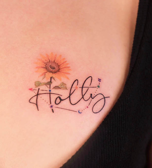 Sunflower name and zodiac tattoo by @noul_tattoo