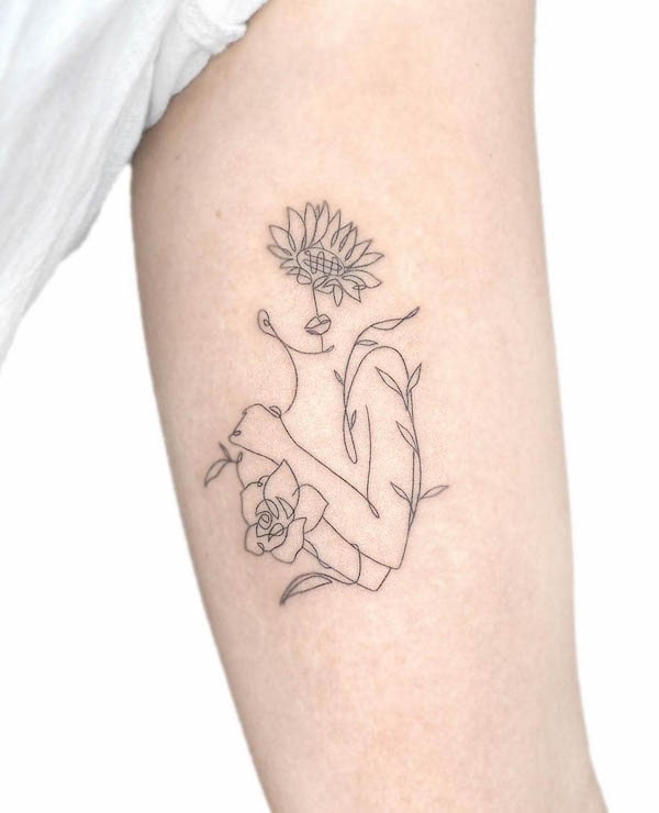 Minimalistic fine line sunflower tattoo by @gigi_tattooer