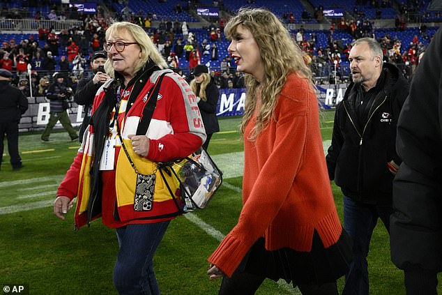 After the game when the Chiefs punched their ticket to Super Bowl LVIII on Sunday, February 11, Swift was seen walking onto the field with Travis' parents, Donna and Ed