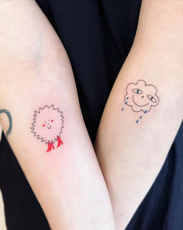 Cute small forearm tattoos for couple by @doetanitattoer