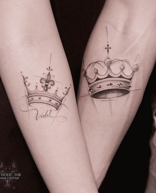 King and queen crown tattoos for couple by @hotam.tattoo