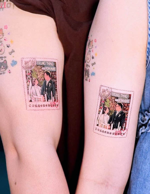 Wedding day stamp tattoos for couple by @chromeink.studio