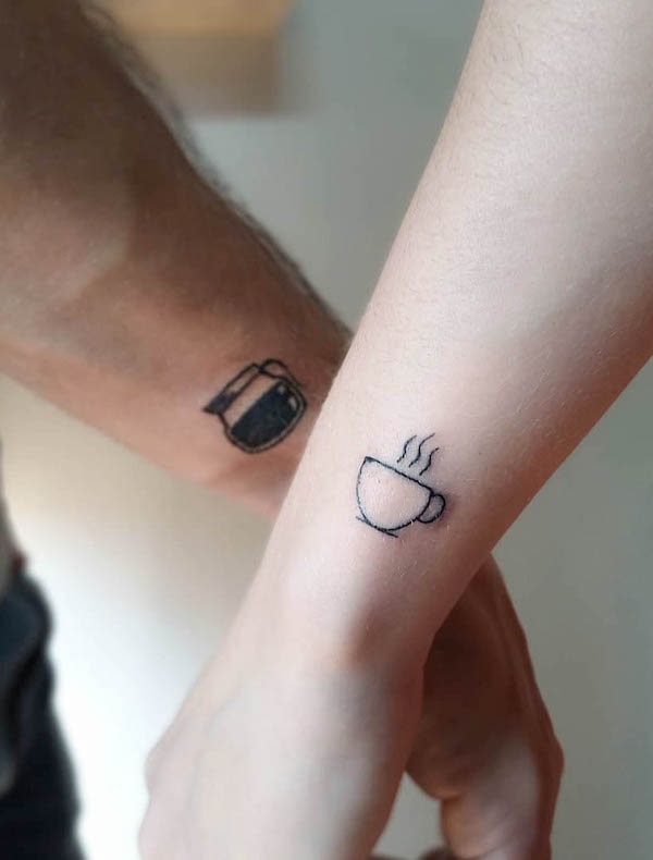 Coffee pot and cup tattoos for couple by @nycolaszanotto