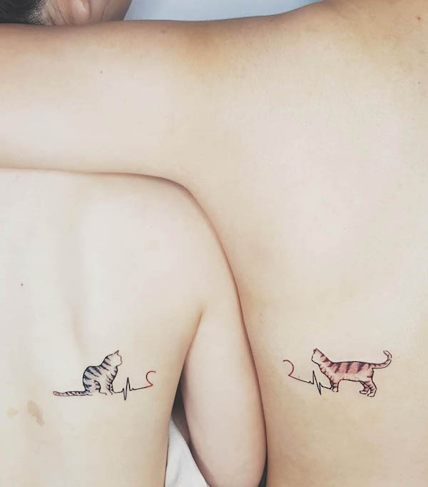 Matching cat tattoos on the back by @bellezatattooirisyang