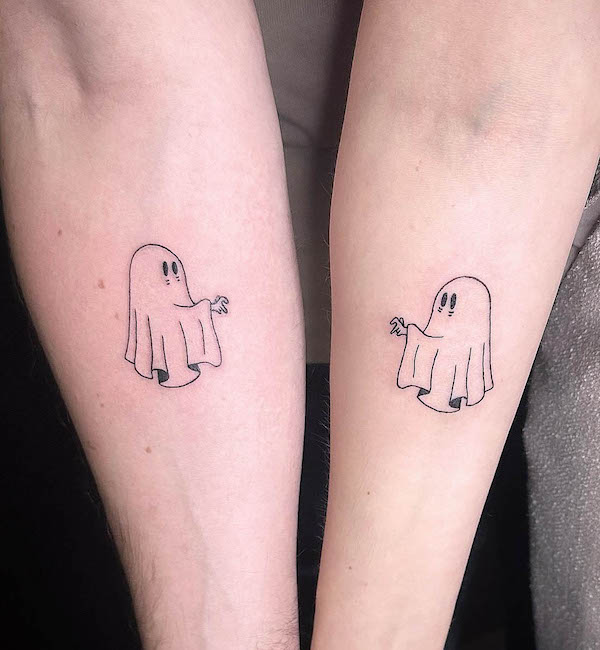 Cute ghost tattoos for couple by @katiejamestattoo