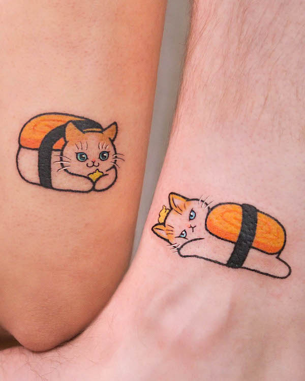 Sushi cat tattoos for couple by @loveyoon.too