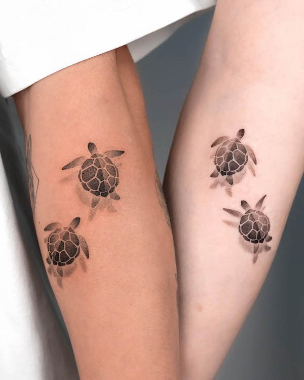 Matching turtle tattoos for couple by @choiyun_tattoo