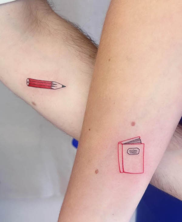 Pencil and notebook tattoos for couple by @doetanitattoer