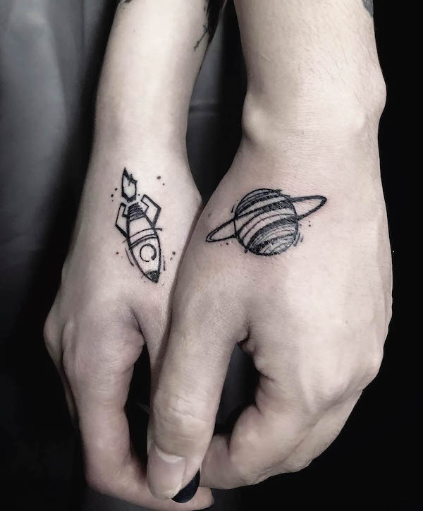 Planet and rocket tattoos for couple by @chapta.too_hk