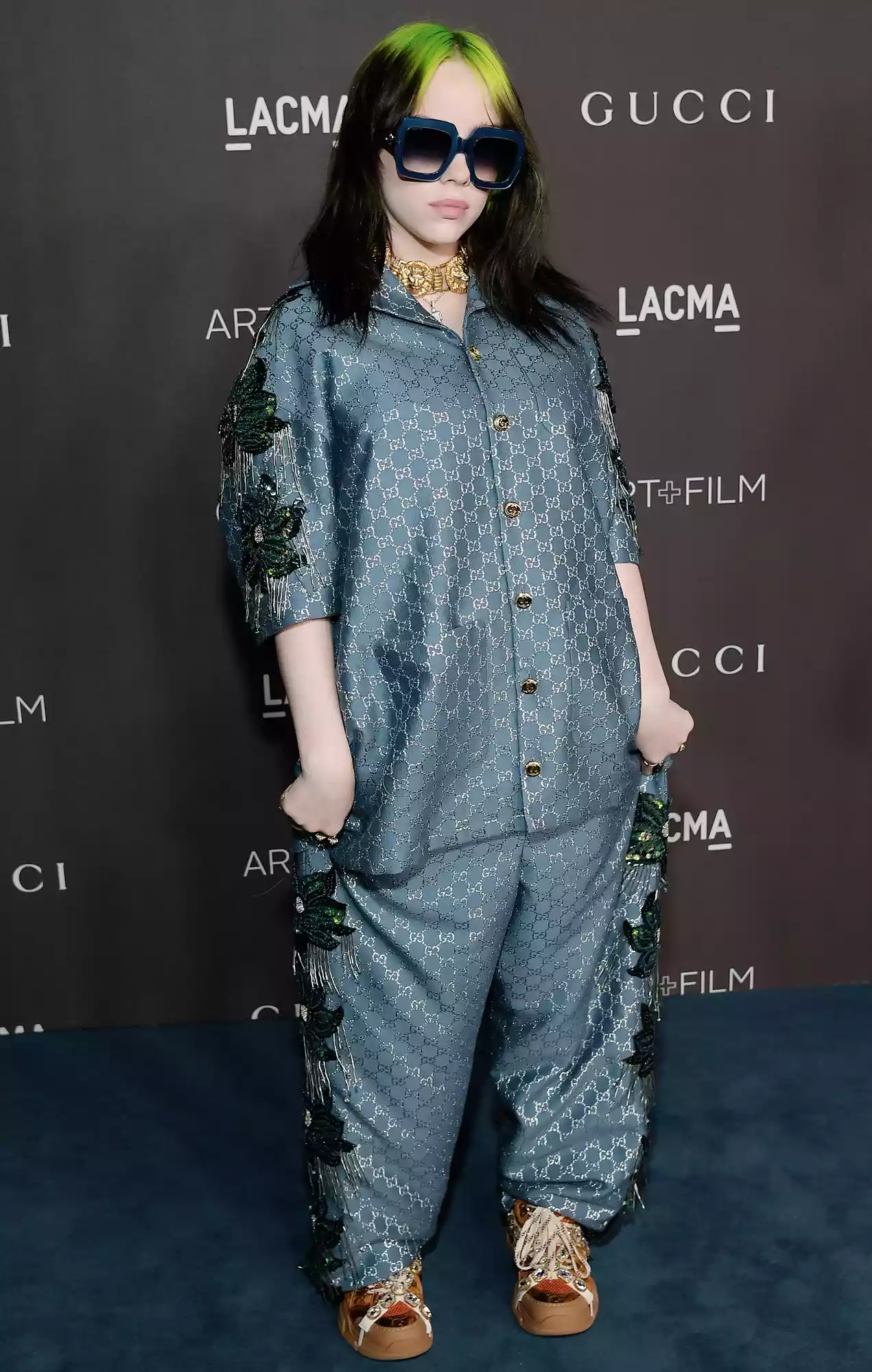 Billie Eilish, wearing Gucci, attends the 2019 LACMA Art + Film Gala Presented By Gucci at LACMA on November 02, 2019 in Los Angeles, California