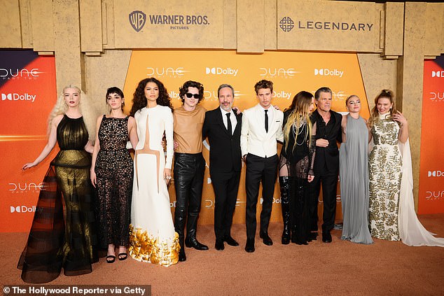 Anya joined the rest of the Dune cast for a snap; (L-R) Souheila Yacoub, Zendaya, Timothee Chalamet, Villeneuve, Austin Butler, Rebecca Ferguson, Josh Brolin, Florence Pugh, and Lea Seydoux