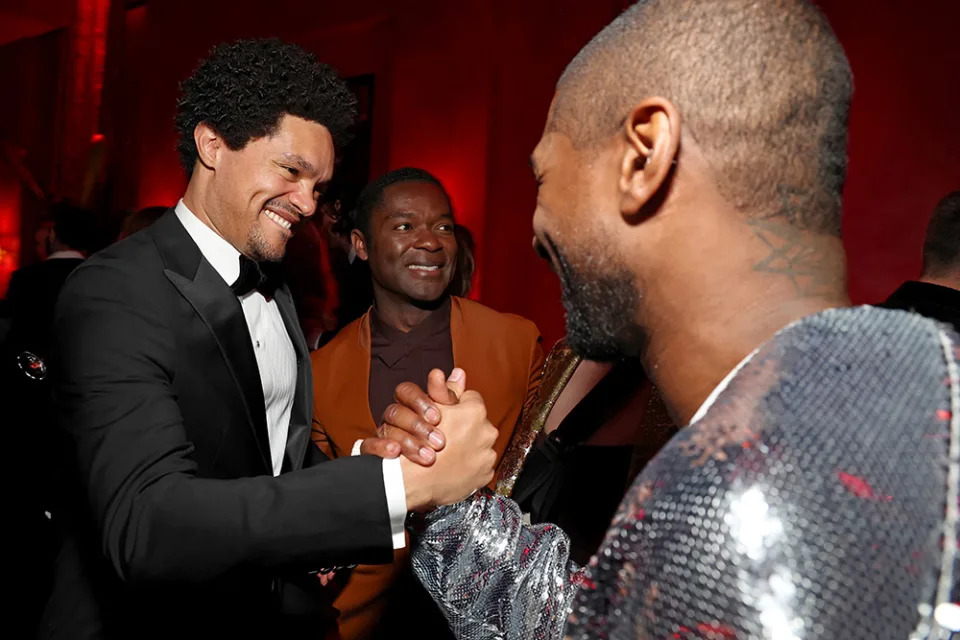 Trevor Noah, David Oyelowo and Usher attend the 2024 Vanity Fair Oscar Party Hosted By Radhika Jones at Wallis Annenberg Center for the Performing Arts on March 10, 2024 in Beverly Hills, California.