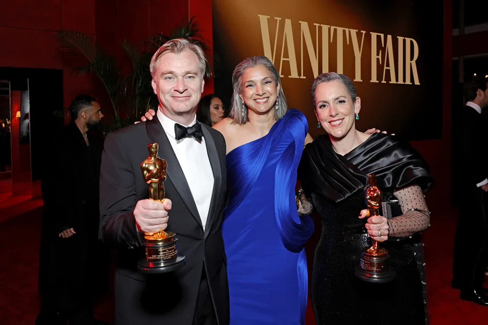 Christopher Nolan, Radhika Jones, Editor-in-Chief of Vanity Fair, and Emma Thomas attend the 2024 Vanity Fair Oscar Party Hosted By Radhika Jones at Wallis Annenberg Center for the Performing Arts on March 10, 2024 in Beverly Hills, California.