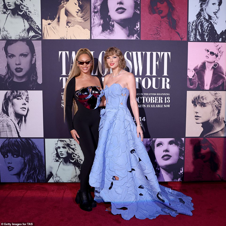 Taylor Swift dazzles in $12,000 blue Oscar de la Renta gown while Beyonce  turns heads in racy custom LaQuan Smith breastplate at Eras Tour film  premiere - where Travis Kelce's girlfriend tells