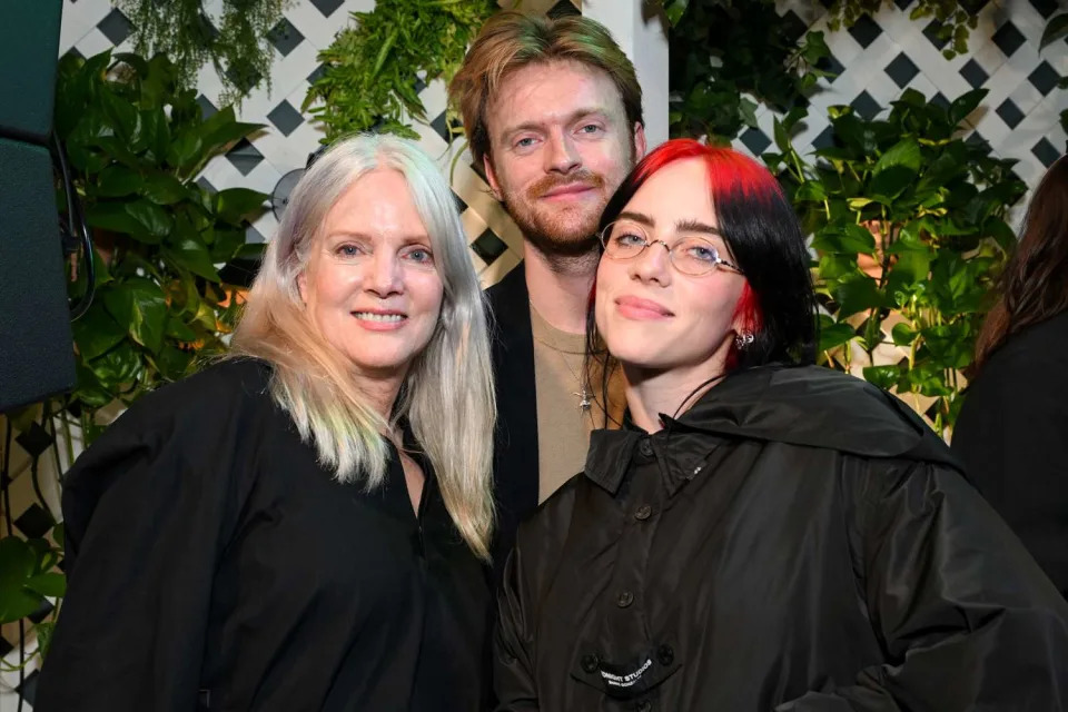 </p> <p>Michael Kovac/Getty Images for Support + Feed</p> <p> Maggie Baird, Finneas, Billie Eilish in Los Angeles on Oct. 24, 2023.