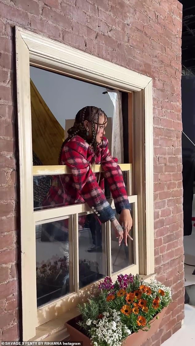 At one point in the video the mom of two hung out of a window with a flower box attached