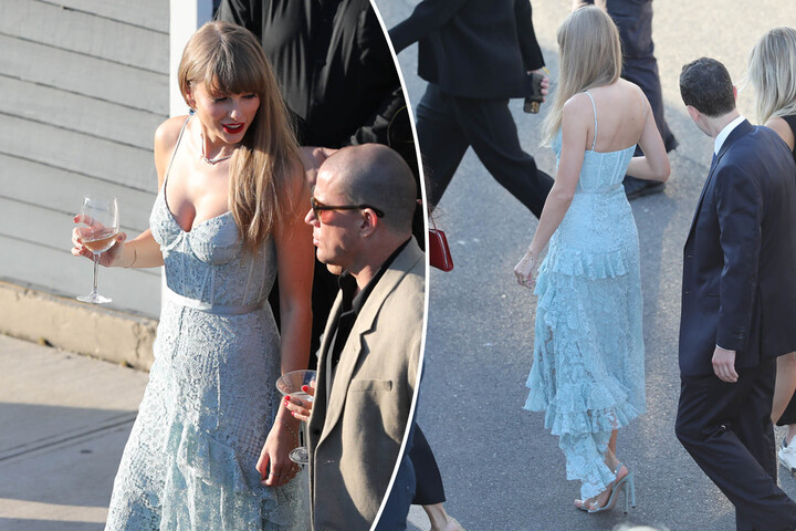 Taylor Swift wears blue corset dress at Jack Antonoff's wedding to Margaret  Qualley