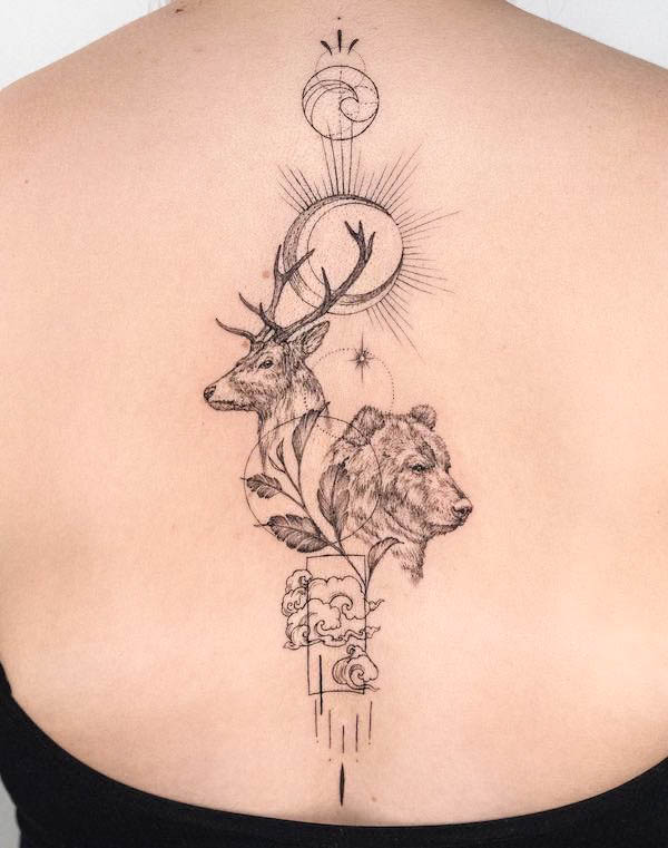 Deer and bear spine tattoo by @sogdiana.sk