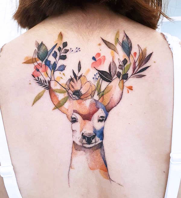 Stunning watercolor deer tattoo by @samdottori