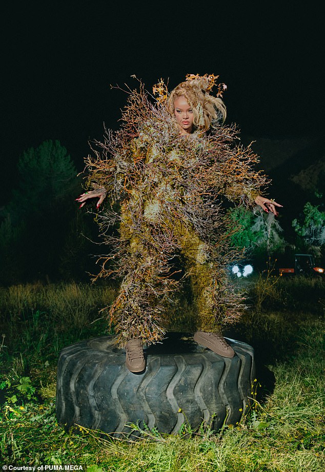 Rihanna, 36, camouflaged herself as a tree as she fronted her latest campaign for FENTY on Tuesday