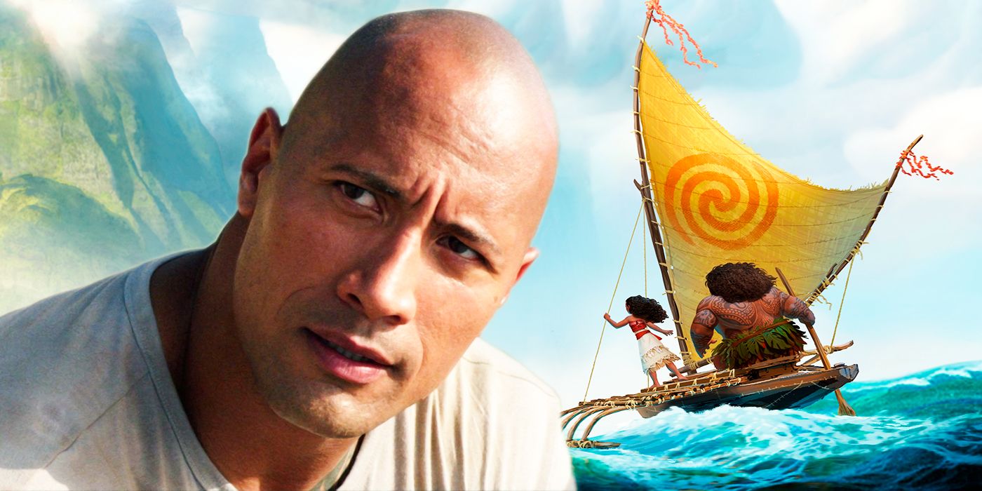 Dwayne Johnson next to an image of Moana and Maui sailing.