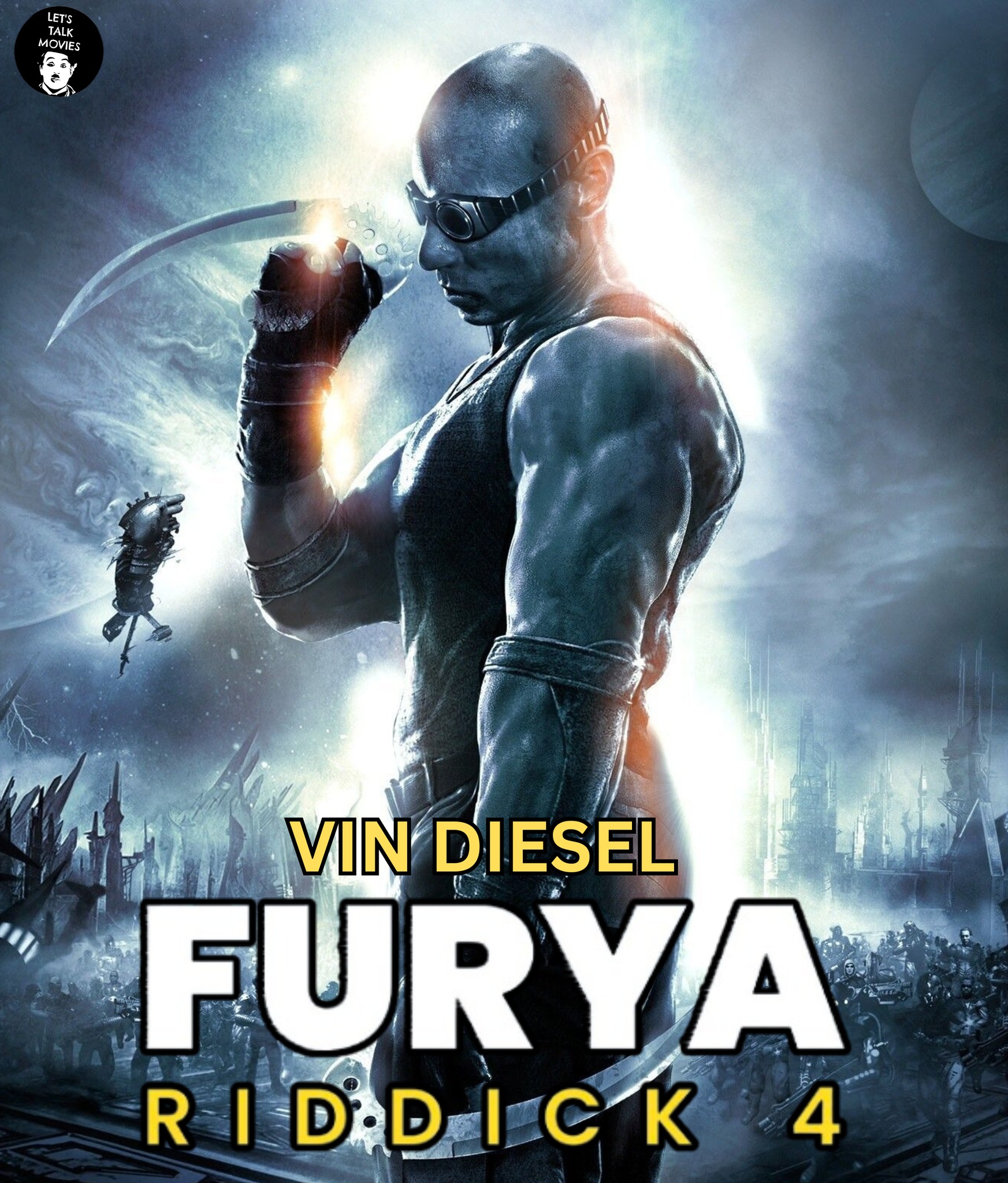 May be an image of ‎2 people and ‎text that says "‎Ers CP MGVIES TALK OVIES = ا VIN DIESEL FURYA R RID. •DI RIDDICK CK 4‎"‎‎