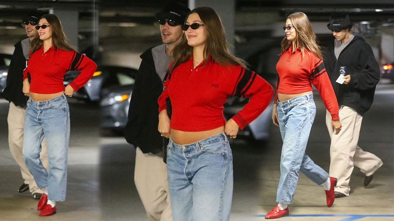 Hailey Bieber flashes her baby bump in sizzling red sweater as she and husband Justin step out in LA - YouTube