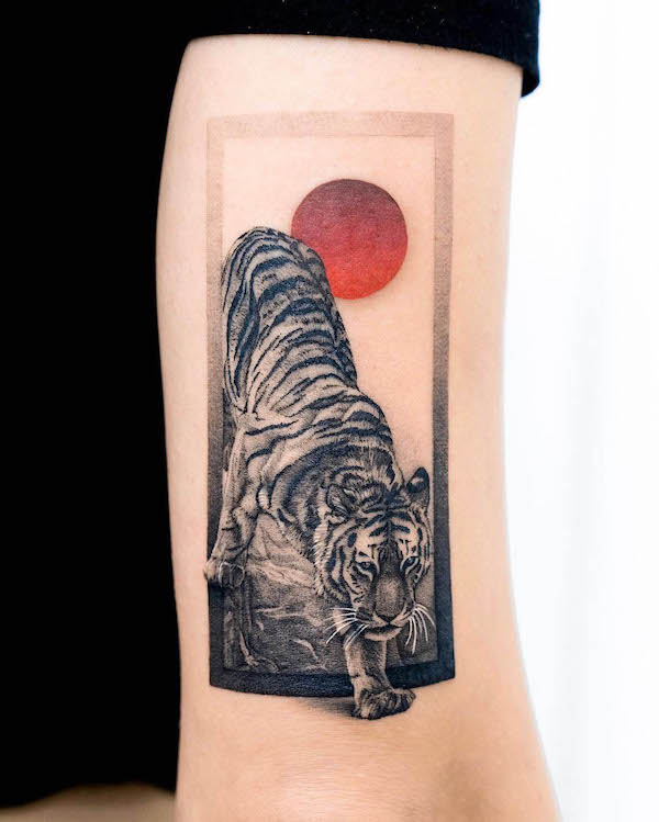 Chinese tiger and sun tattoo by @start.your.line