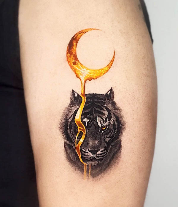 Golden moon and tiger tattoo by @jiro_painter