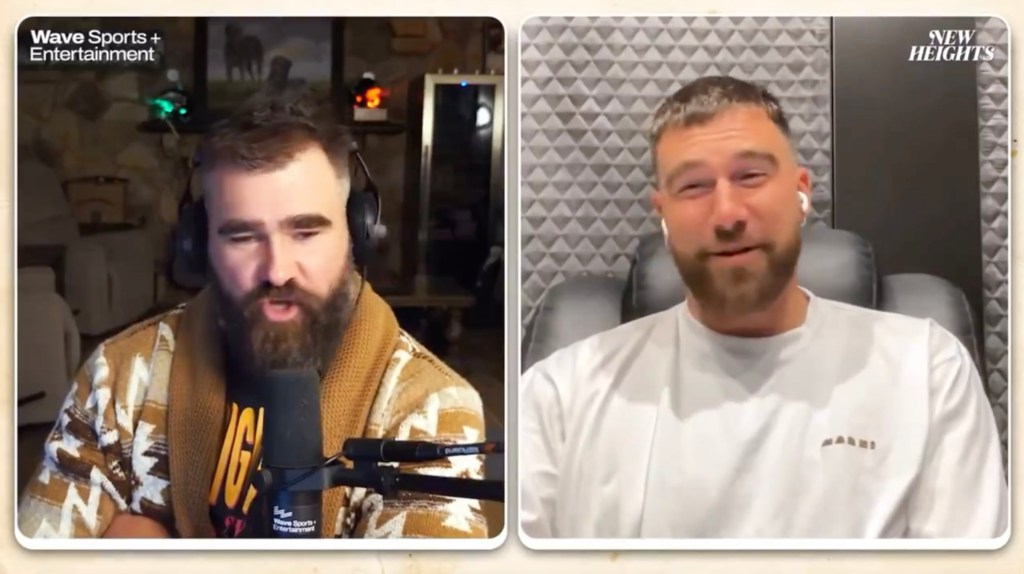 Travis Kelce and Jason Kelce speaking on their podcast