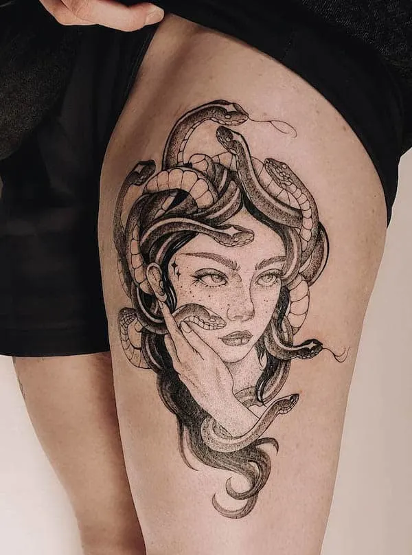 Anime Medusa thigh tattoo by @hiddentattoostudio