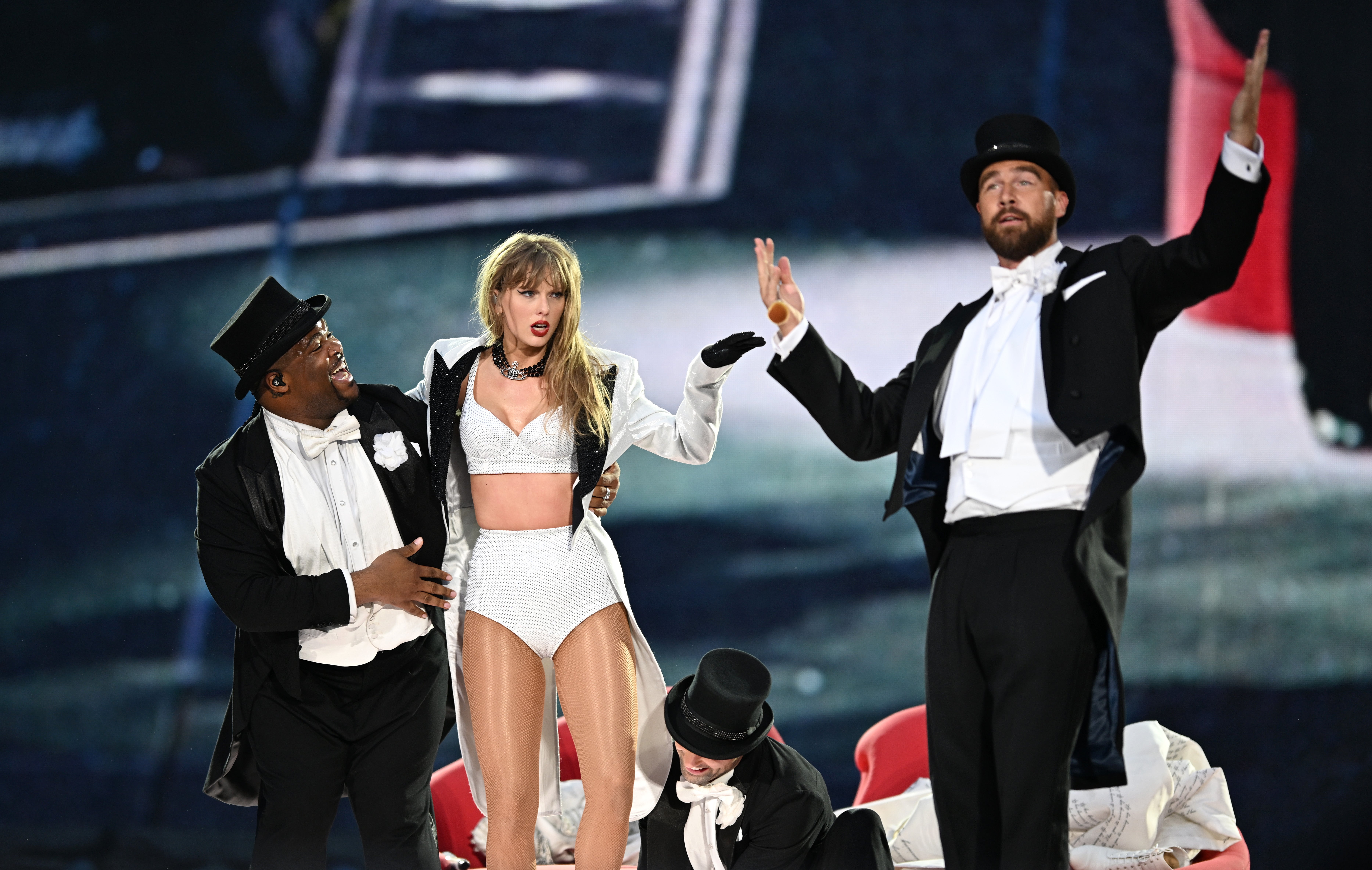 Taylor Swift is joined on stage by Travis Kelce, during “Taylor Swift | The Eras Tour” at Wembley Stadium on 23 June 2024 in London, England (Getty Images )