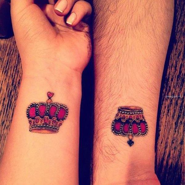 Upside down crown matching tattoos for couple