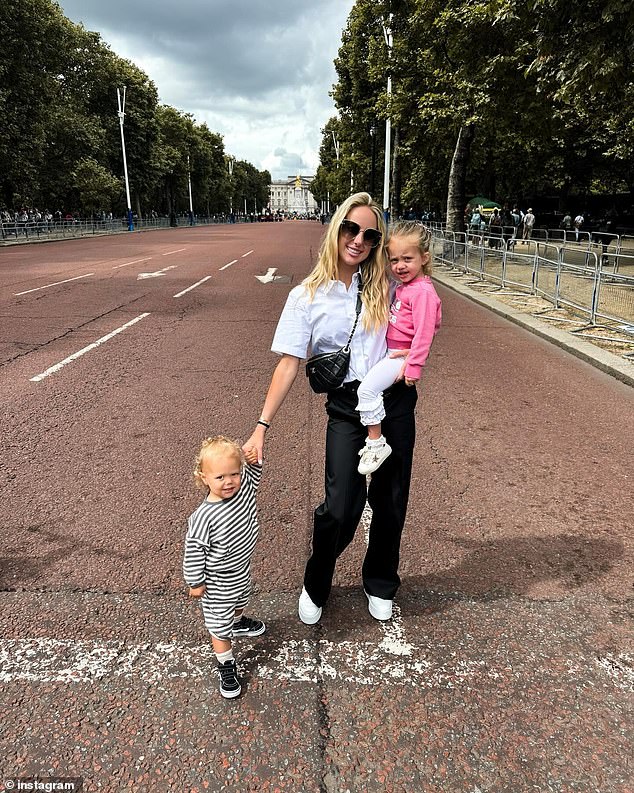 Mahomes is seen with her two children, Sterling and Bronze, during a recent trip to London