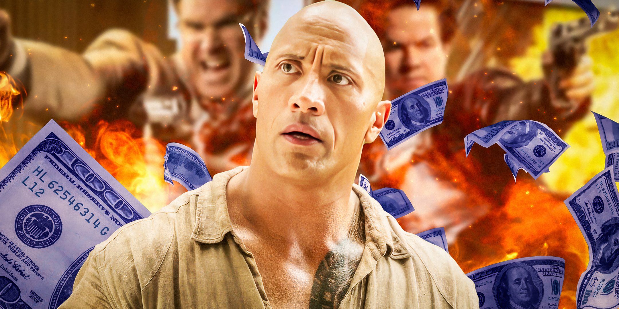 Dwayne Johnson in front of a burning pile of money with his mouth open