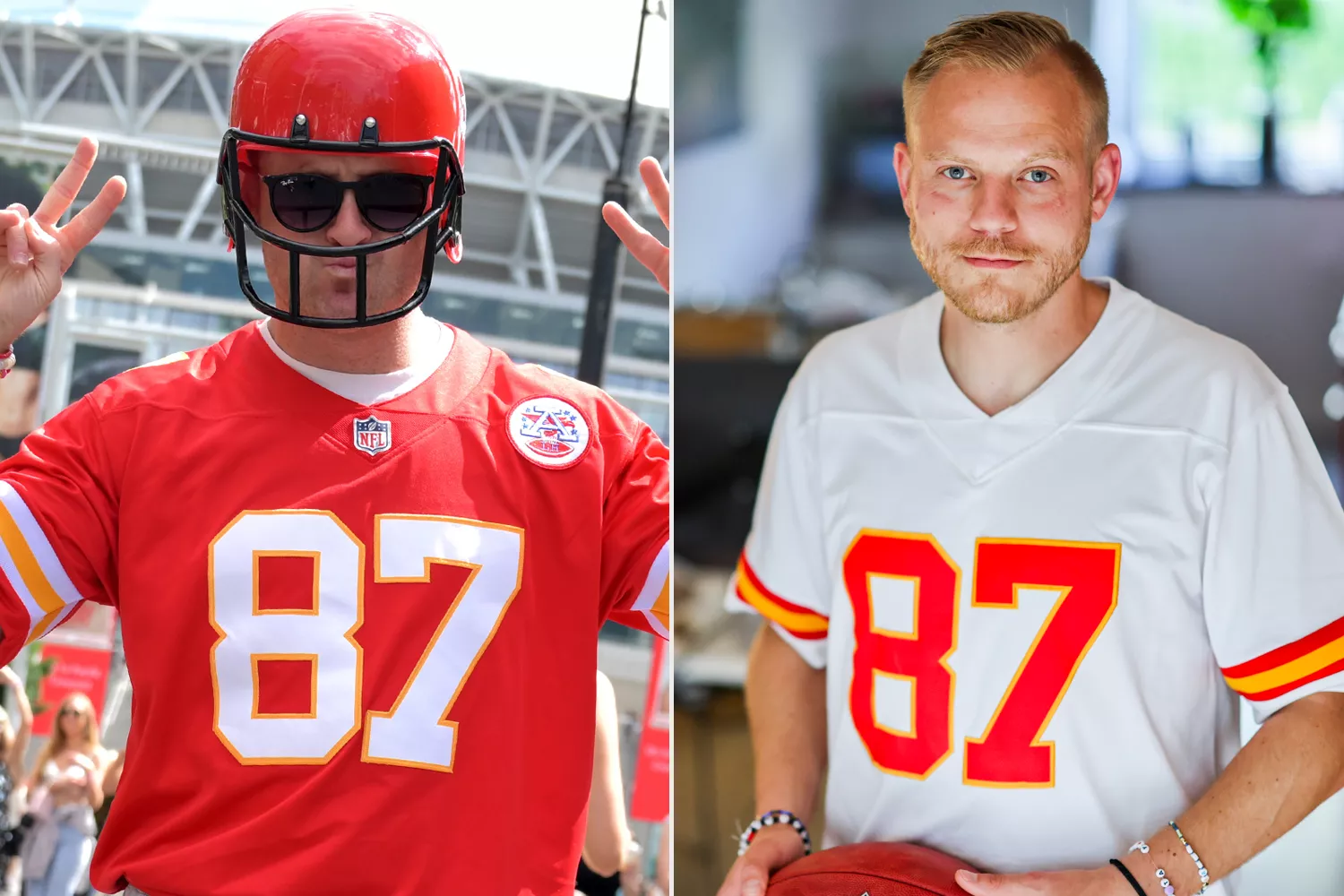 A general view of Taylor Swift fans gathering at Wembley Stadium on June 21, 2024 in London, England.; 16 July 2024, North Rhine-Westphalia, Gelsenkirchen: Gerrit Kludt, fan of Taylor Swift, in a jersey of Swift's friend Travis Kelce, which he will also wear at the concert in Gelsenkirchen. One day before singer Taylor Swift's first concert in Germany as part of her "The Eras Tour"