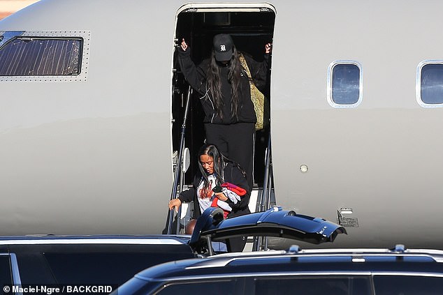 Rihanna is a casual flyer as she exits private jet with baby daddy A$AP  Rocky after landing in LA | Daily Mail Online