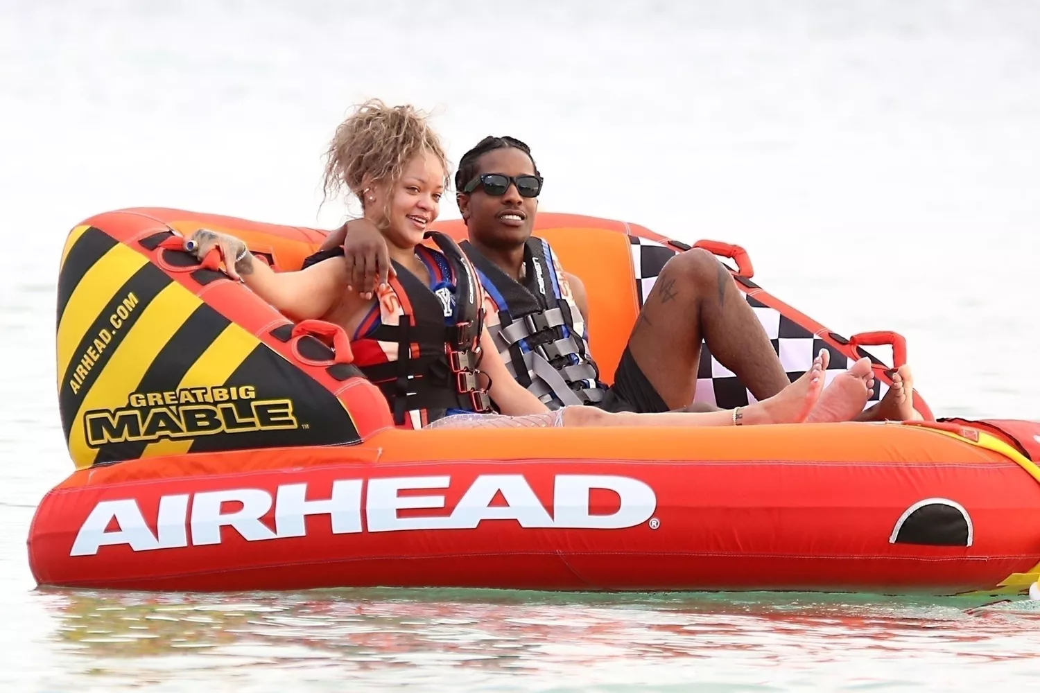 Rihanna with her beau, the American Rapper Asap Rocky are seen out on the beach where they boarded 'The Great Big Mable' Sofa Inflatable for a thrill seeking ride out to sea during their Caribbean getaway.