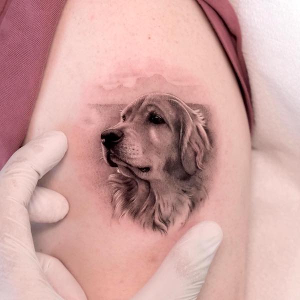 Black and grey golden retriever tattoo by @ali_dundarrr