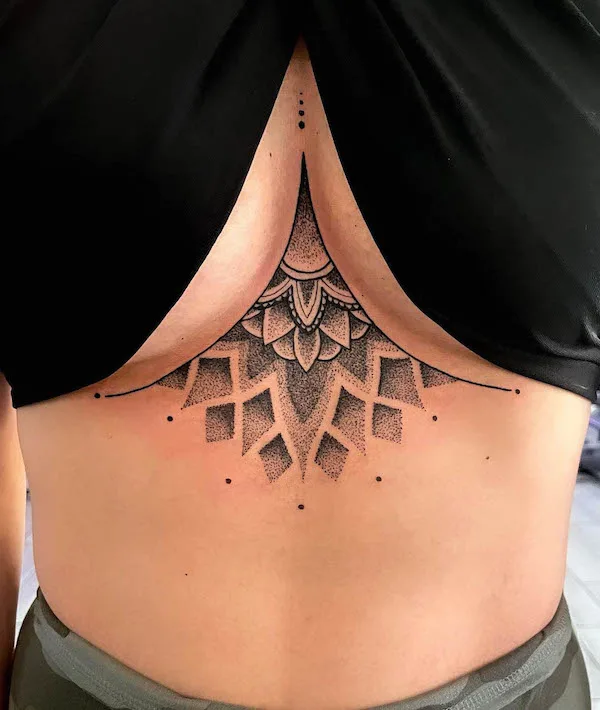 Black and grey mandala underboob tattoo by @joanie.psychedelia