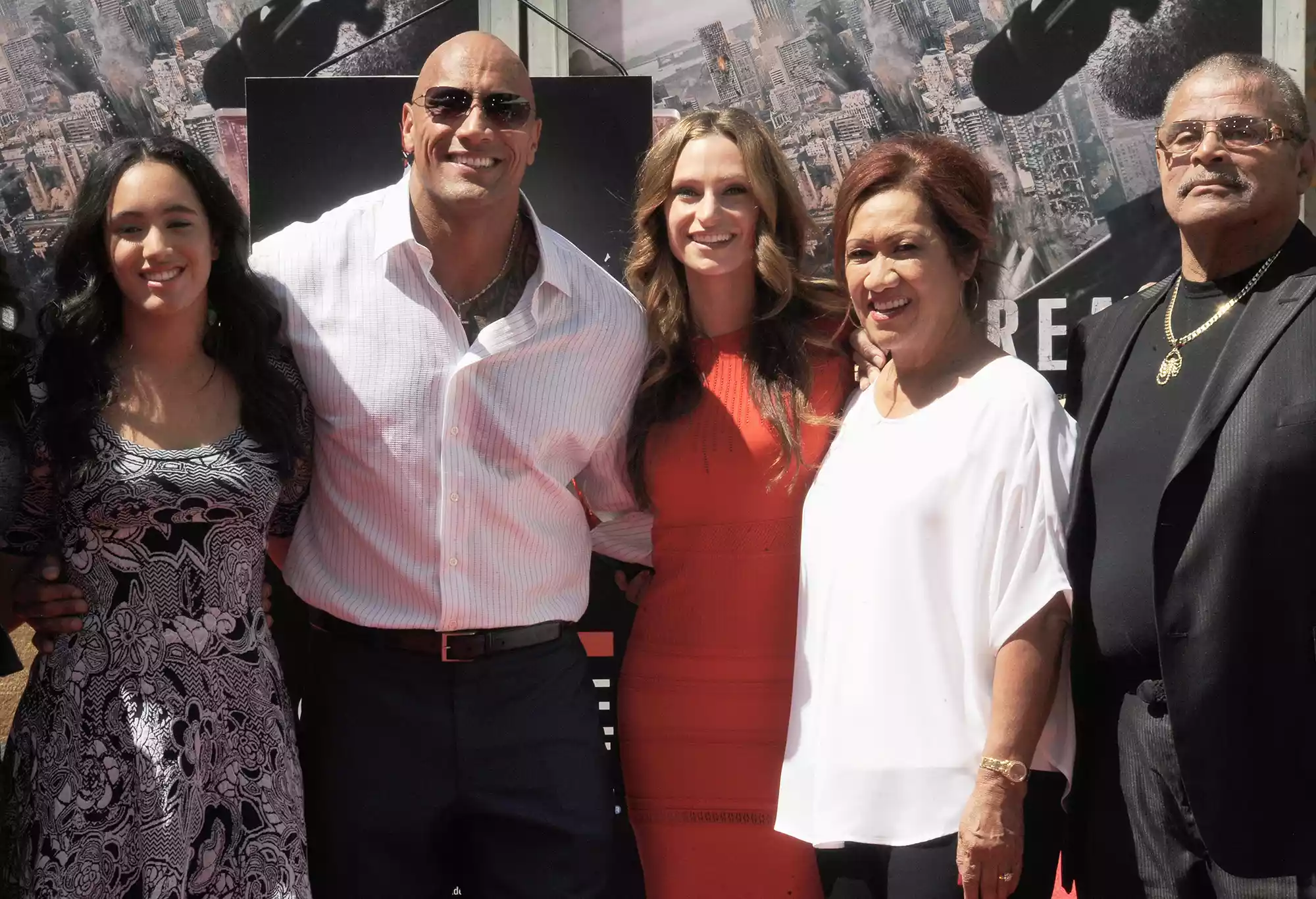 Simone Alexandra Johnson, Dwayne "The Rock" Johnson, Lauren Hashian, Ata Johnson and Rocky Johnson at the Hand And Footprint Ceremony on May 19, 2015 in Hollywood, California.