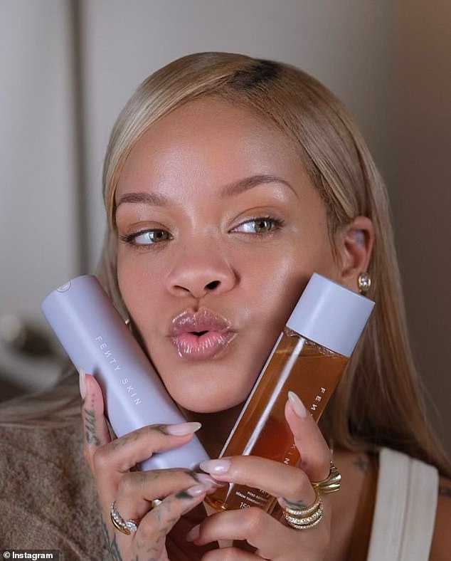 In one adorable photo, she posed with and held up bottles of her peach tea-colored toner and her sunscreen to her face as she puckered her lips