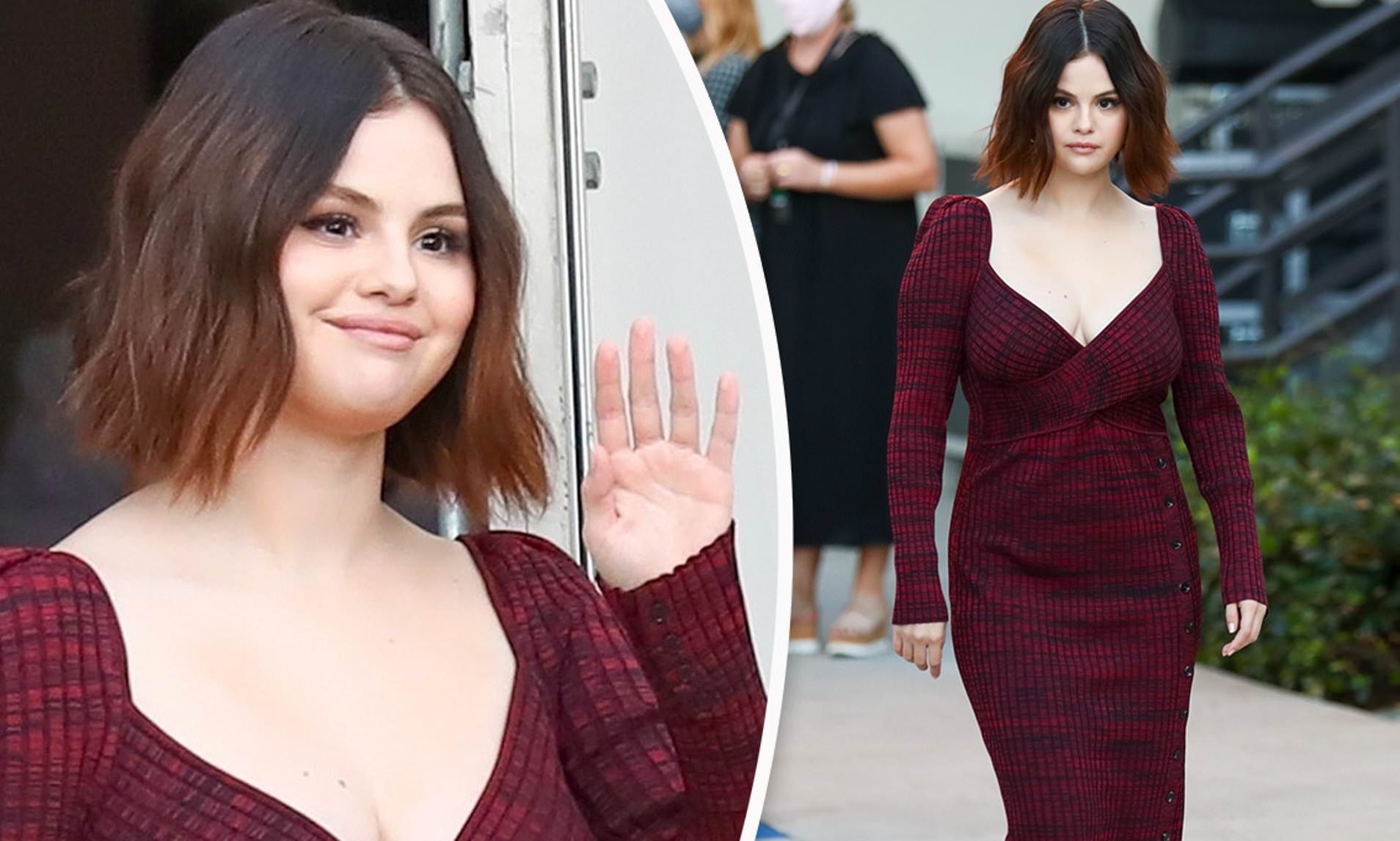 Selena Gomez looks busty in a bordeaux dress as she promotes Only Murders  In the Building in LA | Daily Mail Online