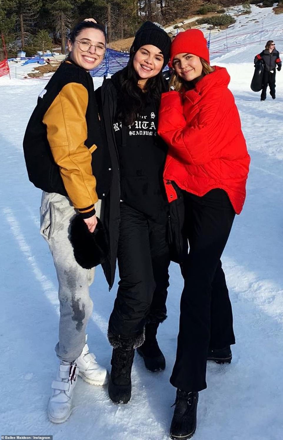 She's back:  Gomez enjoyed a snow date with Connar Franklin (l) and Bailee Madison (r) in pictures newly posted to Instagram